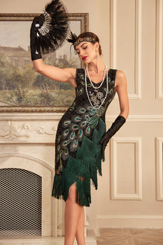 Dark Green Sequins Fringed 1920s Dress with Accessories Set