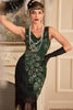 Load image into Gallery viewer, Sparkly Dark Green Fringed Beaded 1920s Dress with Accessories Set