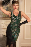 Sparkly Dark Green Fringed Beaded 1920s Dress with Accessories Set