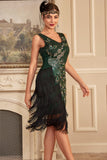 Sparkly Dark Green Fringed Beaded 1920s Dress with Accessories Set
