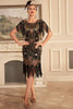 Load image into Gallery viewer, Black Golden Sequins Fringe 1920s Flapper Dress with 20s Accessories Set