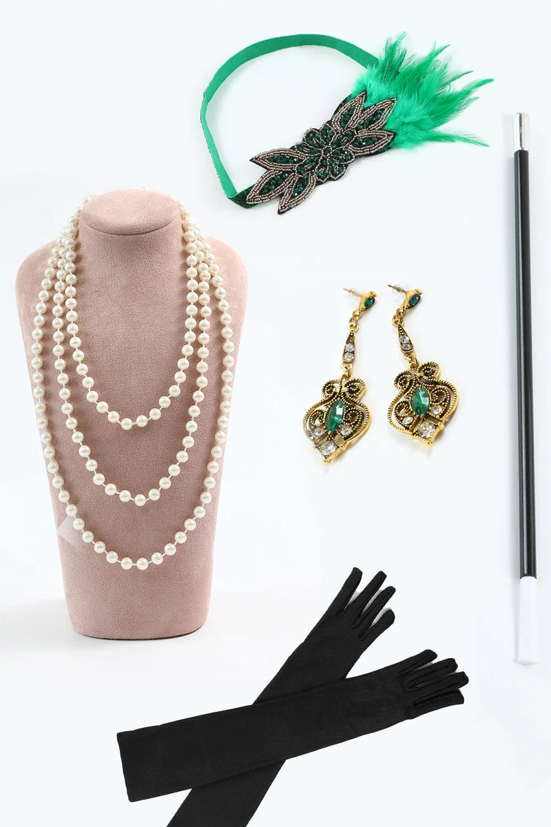 Load image into Gallery viewer, Green Golden Sequins Fringe 1920s Gatsby Dress with Accessories Set