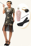 Black Golden Sequin Fringe 1920s Dress with 5-Piece Accessories Set