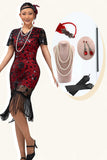 Black Red Bodycon Fringed Sequin 1920s Dress With 5-Piece Accessories Set