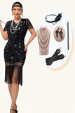 Black Bodycon Sequin Fringed 1920s Dress With 5-Piece Accessories Set