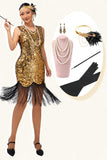 Sparkly Black Golden Bodycon Fringed1920s Dress With 5-Piece Accessories Set