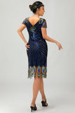 Sparkly Black Blue Bodycon V-Neck 1920s Dress With Beading