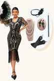 Sparkly V-Neck Black Golden Fringed Bodycon 1920s Dress With 5-Piece Accessories Set