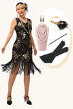 Black Fringed Sequin Flapper 1920s Dress with 5 Piece Accessory Set