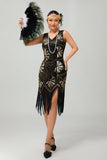 Black Fringed Sequin Flapper 1920s Dress with 5 Piece Accessory Set