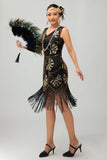 Black Fringed Sequin Flapper 1920s Dress with 5 Piece Accessory Set