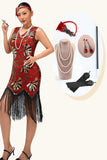 Fringed Red Golden Sequin 1920s Dress with 5 Piece Accessory Set