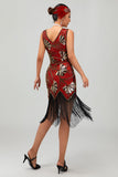 Fringed Red Golden Sequin 1920s Dress with 5 Piece Accessory Set