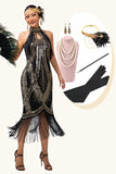 Black Golden Halter Keyhole Fringed Gatsby 1920s Dress with 5 Piece Accessory Set