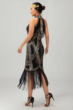 Black Golden Halter Keyhole Fringed Gatsby 1920s Dress with 5 Piece Accessory Set