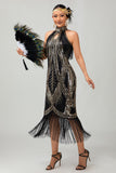 Black Golden Halter Keyhole Fringed Gatsby 1920s Dress with 5 Piece Accessory Set