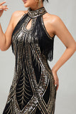 Black Golden Halter Keyhole Fringed Gatsby 1920s Dress with 5 Piece Accessory Set