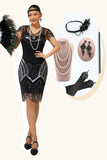 Sequin Black Silver Beaded Short 1920s Dress with 5 Piece Accessory Set