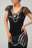 Sequin Black Silver Beaded Short 1920s Dress with 5 Piece Accessory Set