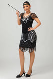 Sequin Black Silver Beaded Short 1920s Dress with 5 Piece Accessory Set