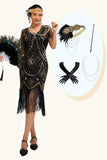 Black Golden Scoop Neck Fringed Sequin 1920s Dress with 4 Piece Accessory Set
