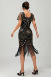 Black Golden Scoop Neck Fringed Sequin 1920s Dress with 4 Piece Accessory Set