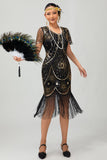 Black Golden Scoop Neck Fringed Sequin 1920s Dress with 4 Piece Accessory Set
