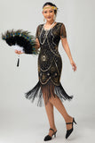 Black Golden Scoop Neck Fringed Sequin 1920s Dress with 4 Piece Accessory Set