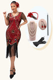Sequin Fringed Scoop Neck Black Red 1920s Dress with 5 Piece Accessory Set