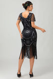 Black Silver Fringed Sequins 1920s Dress with 20s Accessories Set