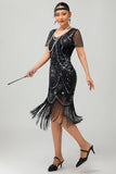 Black Silver Fringed Sequins 1920s Dress with 20s Accessories Set