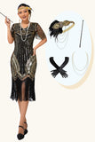 Black Golden Sequins Fringed 1920s Dress with Accessories Set