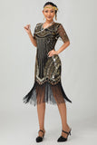 Black Golden Sequins Fringed 1920s Dress with Accessories Set