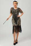 Black Golden Sequins Fringed 1920s Dress with Accessories Set