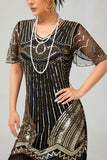 Black Golden Sequins Fringed 1920s Dress with Accessories Set