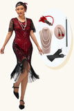 Black Red Fringed Sequins 1920s Dress with Accessories Set