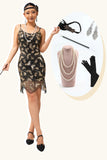 Black Golden Spaghetti Straps Sequins 1920s Dress with Accessories Set