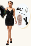 Black Spaghetti Straps Sequins 1920s Dress with Accessories Set
