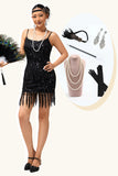 Black Spaghetti Straps Fringed Sequins 1920s Dress with Accessories Set