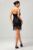 Black Spaghetti Straps Fringed Sequins 1920s Dress with Accessories Set