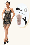 Black Golden Fringe Sequins 1920s Dress with 5-Piece Accessories Set