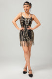Black Golden Fringe Sequins 1920s Dress with 5-Piece Accessories Set