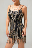 Black Golden Fringe Sequins 1920s Dress with 5-Piece Accessories Set