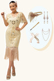 Champagne Appliques Fringe 1920s Dress with 5-Piece Accessories Set