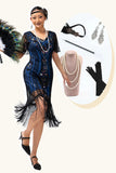 Black Blue Sequin Fringe Scoop Neck 1920s Dress with 5-Piece Accessories Set