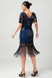 Black Blue Sequin Fringe Scoop Neck 1920s Dress with 5-Piece Accessories Set