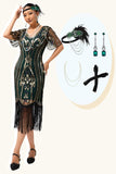 Dark Green Sequin Fringe 1920s Dress with 4-Piece Accessories Set