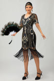 Dark Green Sequin Fringe 1920s Dress with 4-Piece Accessories Set