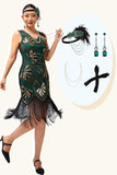 Green Golden Beaded Fringe 1920s Dress with 4-Piece Accessories Set