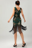 Green Golden Beaded Fringe 1920s Dress with 4-Piece Accessories Set